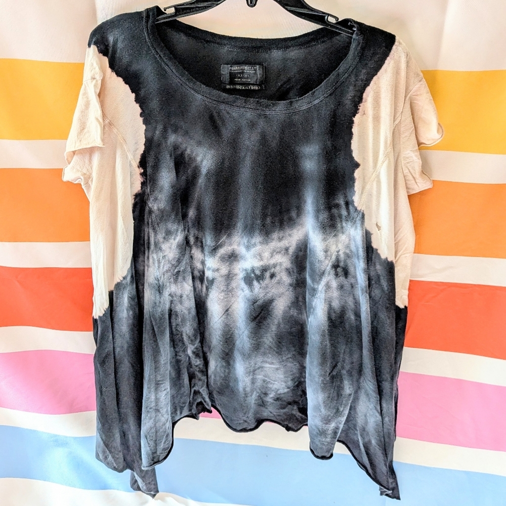 Allsaints Cream Black Dissolve Tunic Top Oversized Flowy Handkerchief Hem Grunge